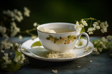 Fototapeta premium Cup of Linden flower tea surrounded by ingredients