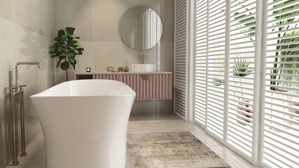 Beige tile wall bathroom, freestanding bathtub, pink corrugated vanity table counter, white sliding...