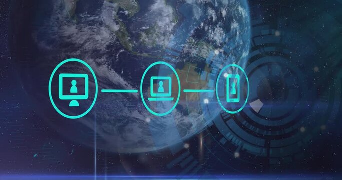 Animation of flowchart of icons with loading circles over globe against space