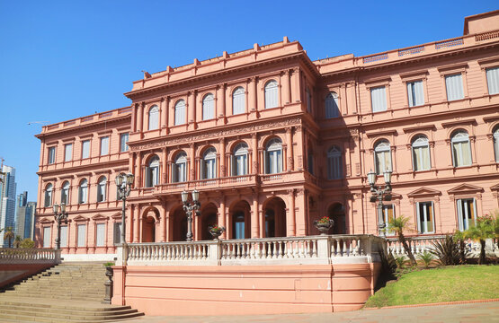 The Side Facade of Casa Rosada or the Pink House, famous historical Presidential Palace on Plaza de Mayo Square in Buenos Aires, Argentina, South America