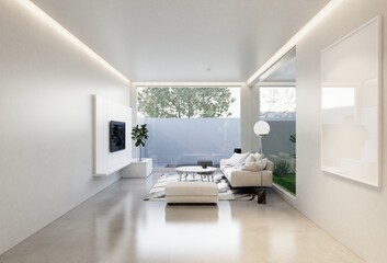 Fototapeta na wymiar minimal interior of the living room with a white base tone. 3D illustration render