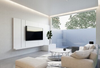 minimal interior of the living room with a white base tone. 3D illustration render
