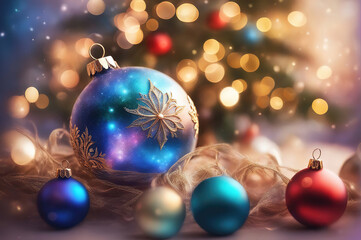 Fototapeta premium Christmas background with spruce branches decorated with Christmas baubles, snowflakes, and lights.