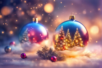 Christmas background with spruce branches decorated with Christmas baubles, snowflakes, and lights.
