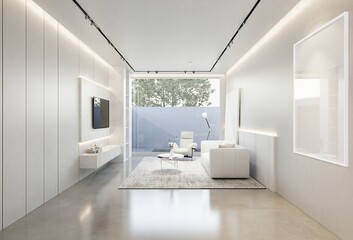 minimal interior of the living room with a white base tone. 3D illustration render