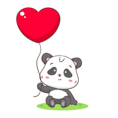 Obraz na płótnie Canvas Cute panda with big love heart. Adorable kawaii animal concept design. Flat cartoon character. Isolated white background. Vector Art illustration