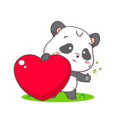 Cute panda with big love heart. Adorable kawaii animal concept design. Flat cartoon character. Isolated white background. Vector Art illustration