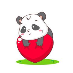 Naklejka premium Cute panda with big love heart. Adorable kawaii animal concept design. Flat cartoon character. Isolated white background. Vector Art illustration