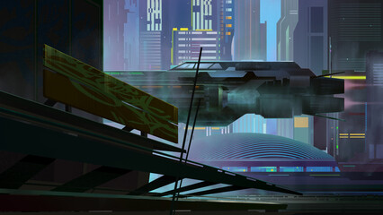 a painted sci-fi cityscape with a starship - 642009367