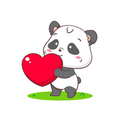 Cute panda with big love heart. Adorable kawaii animal concept design. Flat cartoon character. Isolated white background. Vector Art illustration