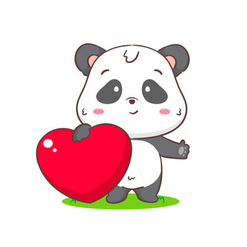 Cute panda with big love heart. Adorable kawaii animal concept design. Flat cartoon character. Isolated white background. Vector Art illustration