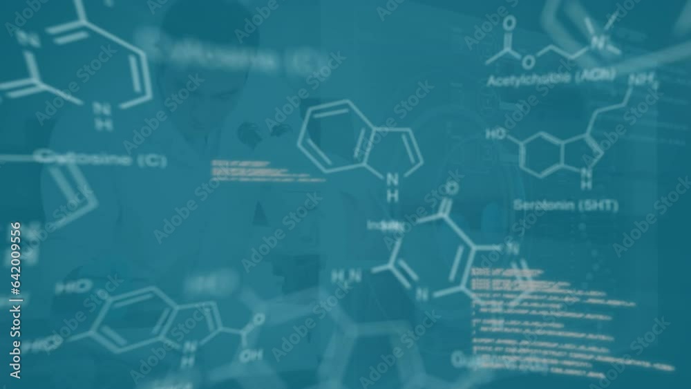 Poster animation of computer language, caucasian scientist examining sample using microscope