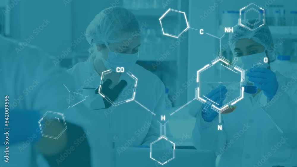 Poster Animation of molecule structures over diverse scientist examining sample using microscope