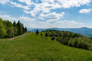 Beautiful springtime day bellow Filipka hill in Slezske Beskydy mountains in Czech republic
