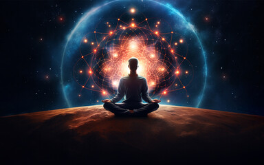 Man in yoga pose on top of earth surrounded with the solar system. Illustration of spirituality and meditation journey - obrazy, fototapety, plakaty