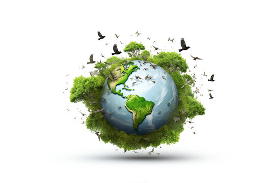 Planet earth surrounded with green trees and birds of nature. Protect our environment concept