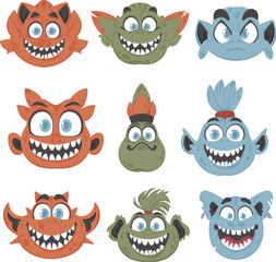 A bunch of silly and entertaining monster expressions. Cartoon style.