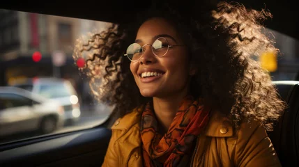 Foto op Canvas Beautiful african american woman with afro hairstyle and sunglasses in taxi car. © AS Photo Family