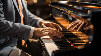 Close up of male hands in suit playing the piano.