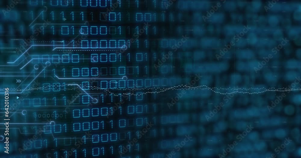 Poster animation of graphs, circuit board pattern and binary codes over black background