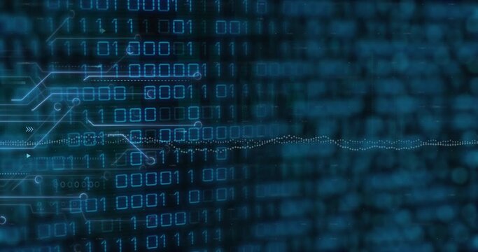 Animation of graphs, circuit board pattern and binary codes over black background