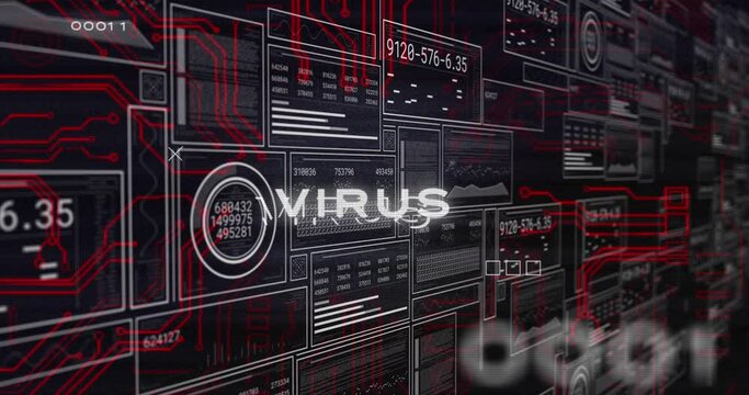 Animation of virus text with binary codes, changing numbers, graphs, loading circles and bars