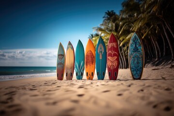 Surfboards on a sandy beach with palm trees in the background