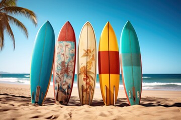 Surfboards on the beach in sunny day. Summer vacation concept