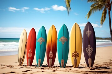 Surfboards on the beach with palm trees and blue sky. vacation concept.