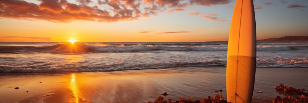 Surfboards on the beach at sunset. Panoramic image