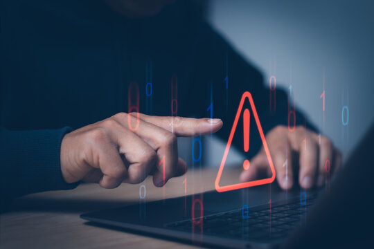 Concept, warning or alert, technology scam, user showing warning of access to software, virus, dangerous cyber attack or online network hacking threat, technology security on internet web page