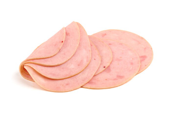 Thinly Sliced Ham, boiled sausage, close-up, isolated on white background.