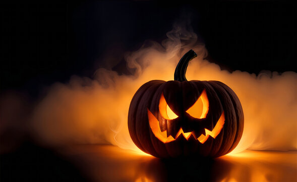 glowing halloween pumpkin Jack O' lantern wallpaper surrounded by smoke in black background