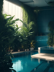 luxury indoor swimming pool with green plantation with light coming through the big window