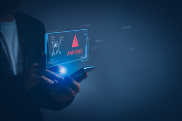 User showing a warning about the use of intelligent technology (Ai) access to malicious software or hacker threats, the concept of online cybersecurity Warning or tech scam