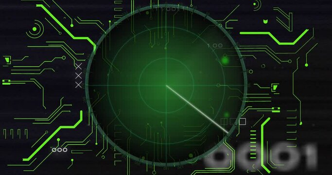 Animation of radar with circuit board pattern and binary codes over abstract background