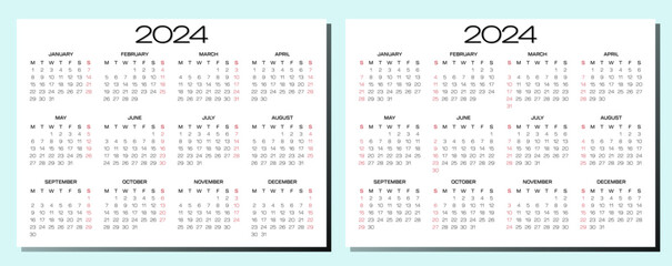 2024 calendar. Annual Horizontal. White,Minimal,Modern with Sunday and Monday start for digital,business,desk,office schedule plan.Beautiful organizer page background graphic design.Red note holidays.