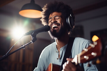 Afro american man singing and playing the guitar in front of a microphone recording song in a music studio production - Powered by Adobe