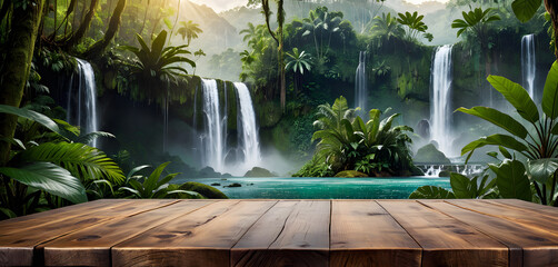 Empty wooden table top with jungle landscape with waterfall. Tropical rainforest valley landscape, for display or montage your products. AI generative. - Powered by Adobe