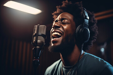Afro american man singing in front of a microphone recording song in a music studio production - obrazy, fototapety, plakaty