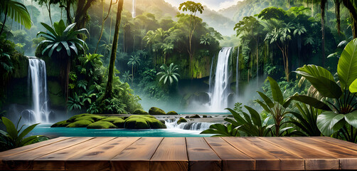 Empty wooden table top with jungle landscape with waterfall. Tropical rainforest valley landscape, for display or montage your products. AI generative.