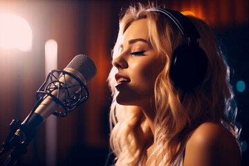 Blonde caucasian pop star woman singing in front of a microphone recording song in a music studio production