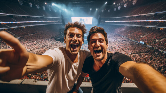 Selfie image of two young friends guys at a concert in a giant indoor arena