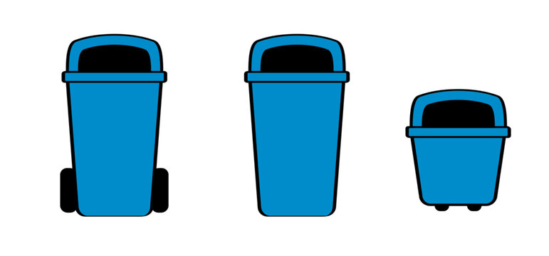 Blue wheelie bin. Garbage bag, container. Waste bin or litterbin. Recyclable materials include food tins, papers, cardboard, newspapers, magazines, plastic bottles, glass bottles, and jars, packaging.