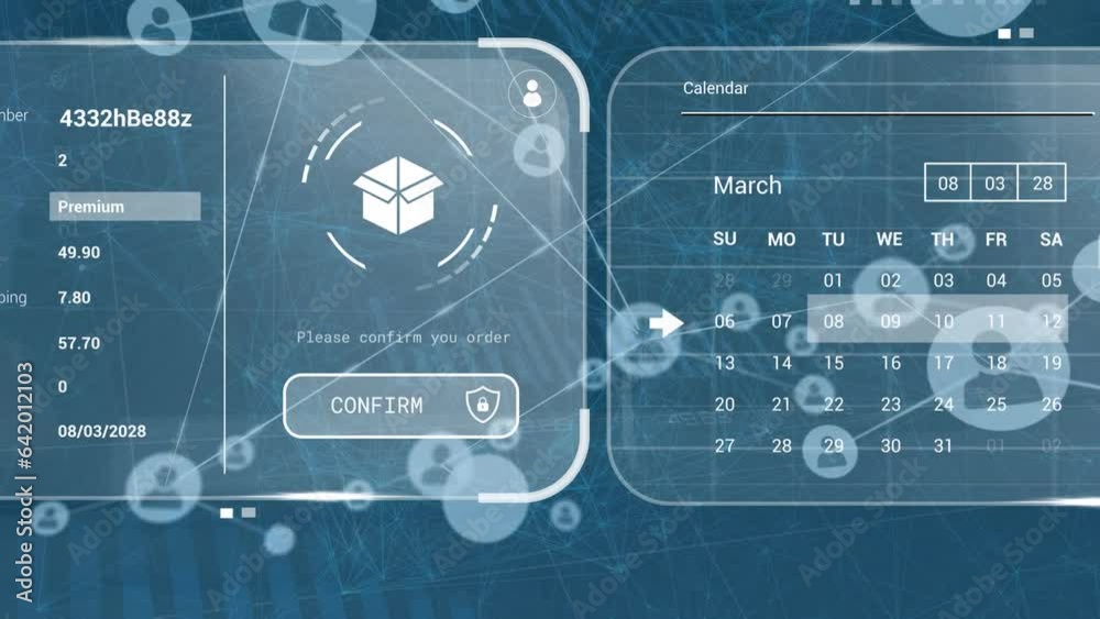 Poster animation of connected icons over graphs, calendar, map, navigation pattern against connected dots