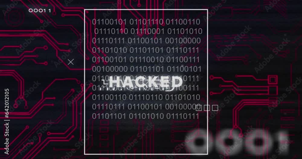 Poster animation of hacked text with binary codes and circuit board pattern over black background