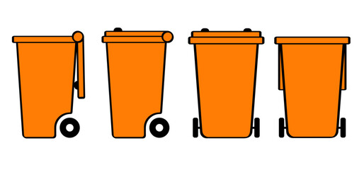 Orange wheelie bin. Garbage bag, container. Waste bin or litterbin. Recyclable materials include food tins, plastic bottles, glass bottles, and jars, packaging