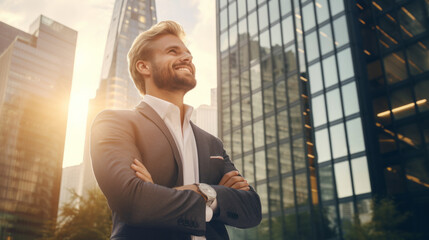 Happy wealthy rich successful caucasian businessman standing in big city modern skyscrapers street on sunset thinking of successful vision, dreaming of new investment opportunities - obrazy, fototapety, plakaty