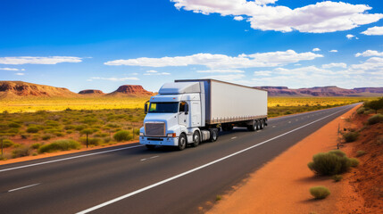 Fototapeta na wymiar Huge semi-truck crossing the Australia northern territory bush landscape on an empty road