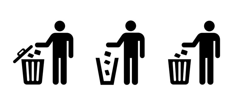 Cartoon drawing stickman, stick figures man with litter basket or litterbin. Clean up and trashcan. Cleaning tools. Vector container logo or pictogram. Recyle, delete, hygiene box, symbol or label.